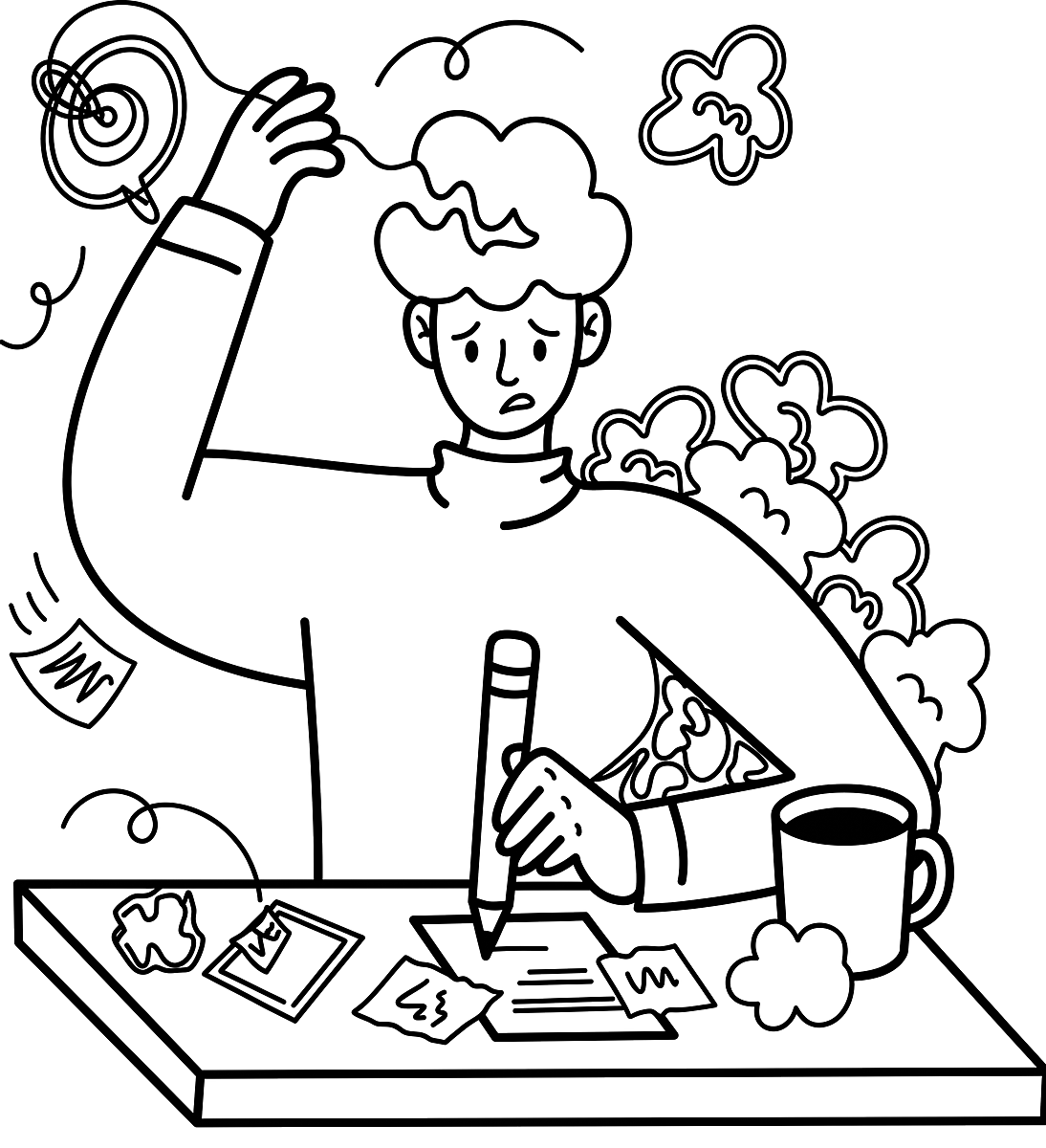 Line-art illustration of someone at a cluttered desk, pencil in hand, a tangle of thoughts above them — something unclear that is hard to put into words